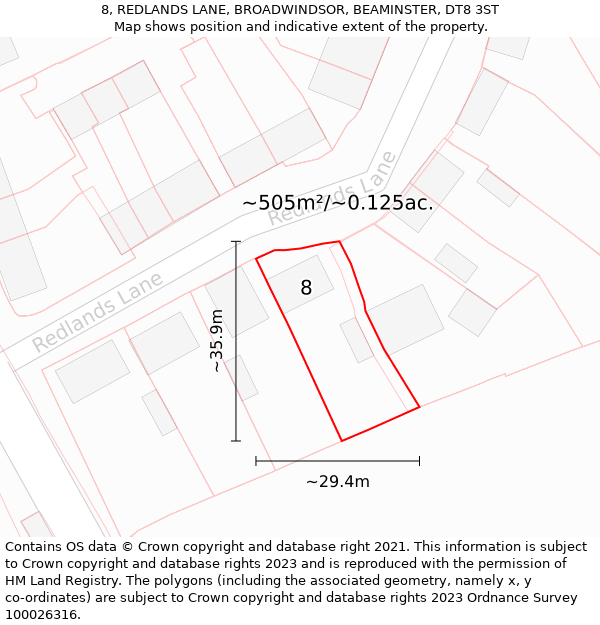 8, REDLANDS LANE, BROADWINDSOR, BEAMINSTER, DT8 3ST: Plot and title map