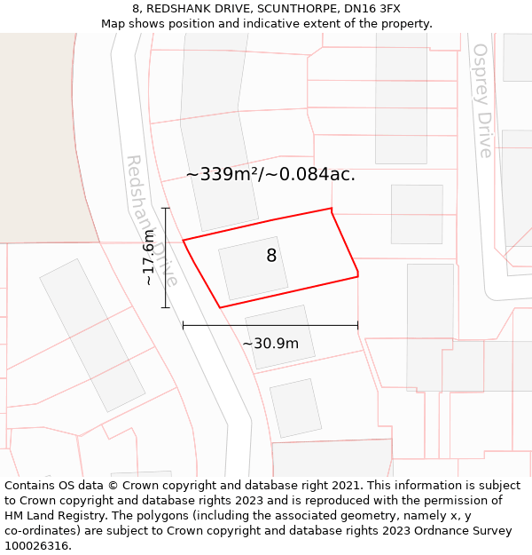 8, REDSHANK DRIVE, SCUNTHORPE, DN16 3FX: Plot and title map