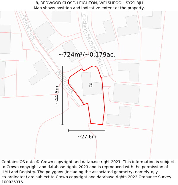 8, REDWOOD CLOSE, LEIGHTON, WELSHPOOL, SY21 8JH: Plot and title map