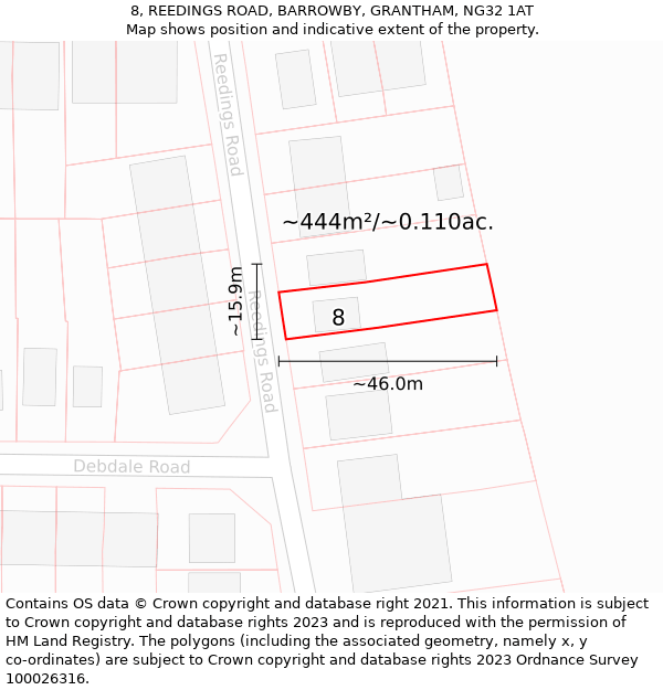 8, REEDINGS ROAD, BARROWBY, GRANTHAM, NG32 1AT: Plot and title map