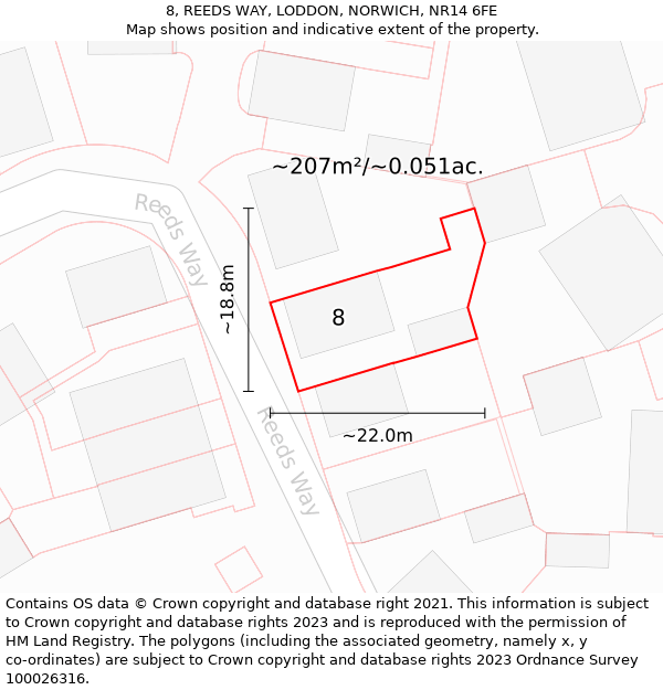 8, REEDS WAY, LODDON, NORWICH, NR14 6FE: Plot and title map