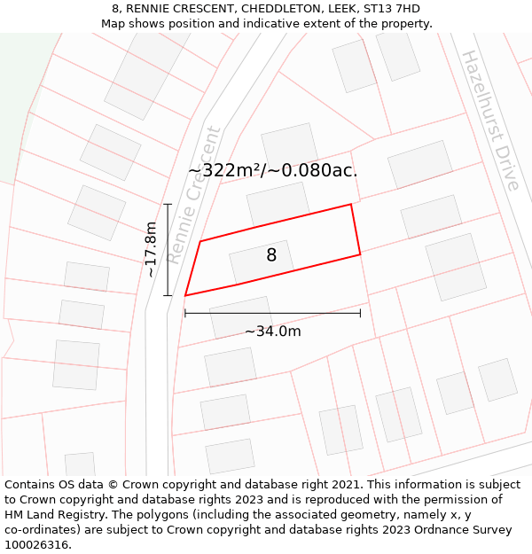 8, RENNIE CRESCENT, CHEDDLETON, LEEK, ST13 7HD: Plot and title map