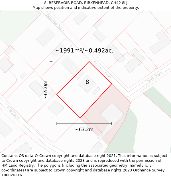 8, RESERVOIR ROAD, BIRKENHEAD, CH42 8LJ: Plot and title map