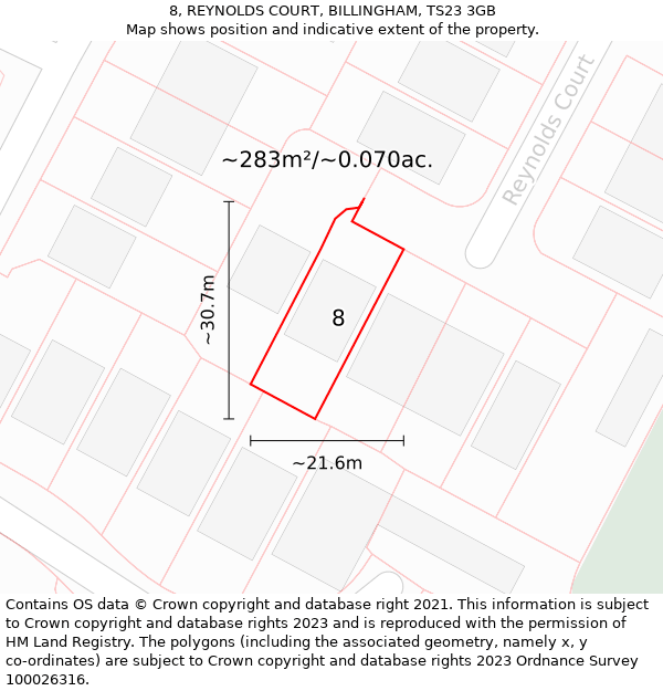 8, REYNOLDS COURT, BILLINGHAM, TS23 3GB: Plot and title map