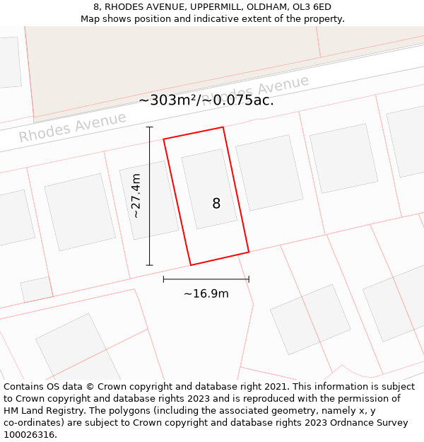 8, RHODES AVENUE, UPPERMILL, OLDHAM, OL3 6ED: Plot and title map