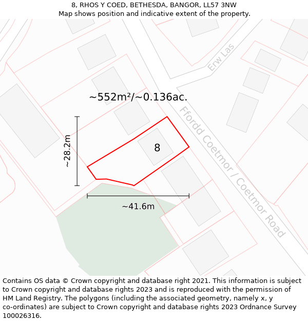 8, RHOS Y COED, BETHESDA, BANGOR, LL57 3NW: Plot and title map