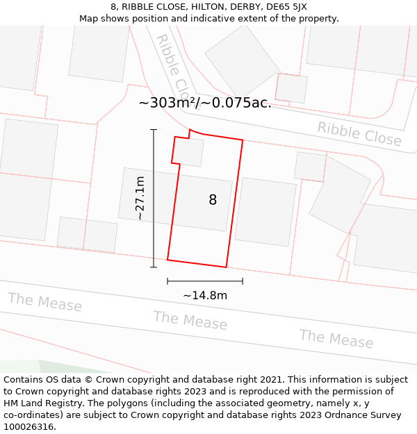 8, RIBBLE CLOSE, HILTON, DERBY, DE65 5JX: Plot and title map