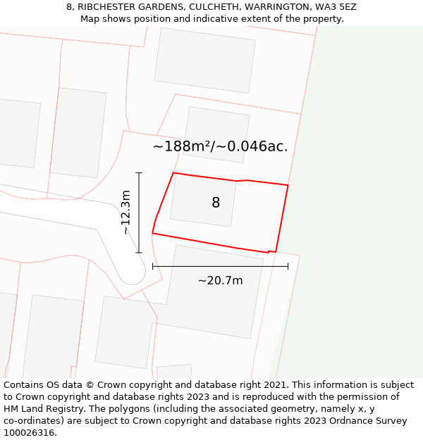 8, RIBCHESTER GARDENS, CULCHETH, WARRINGTON, WA3 5EZ: Plot and title map