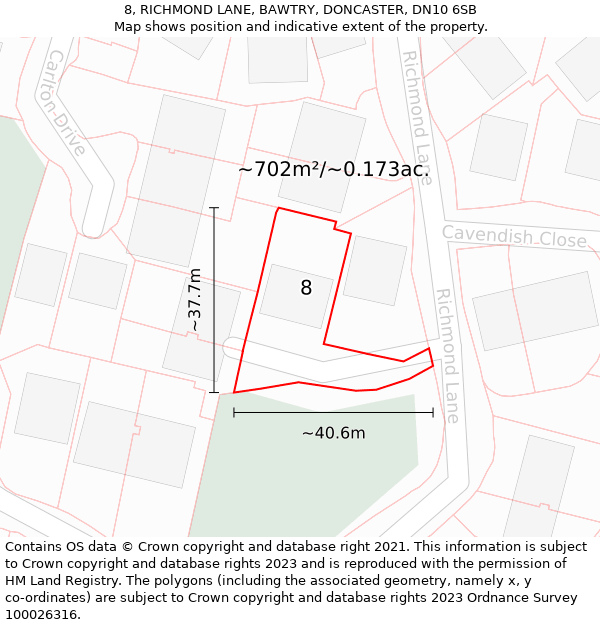 8, RICHMOND LANE, BAWTRY, DONCASTER, DN10 6SB: Plot and title map