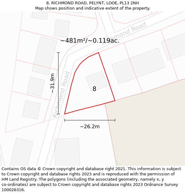 8, RICHMOND ROAD, PELYNT, LOOE, PL13 2NH: Plot and title map