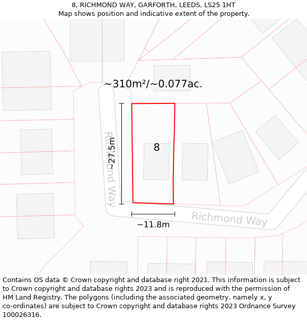 8, RICHMOND WAY, GARFORTH, LEEDS, LS25 1HT: Plot and title map