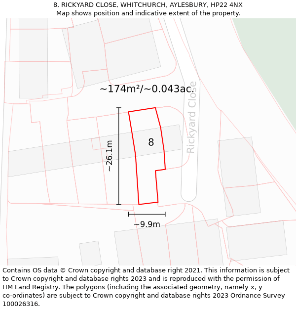 8, RICKYARD CLOSE, WHITCHURCH, AYLESBURY, HP22 4NX: Plot and title map