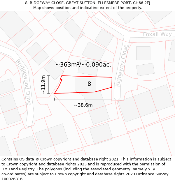 8, RIDGEWAY CLOSE, GREAT SUTTON, ELLESMERE PORT, CH66 2EJ: Plot and title map