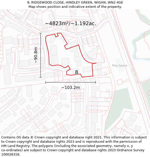 8, RIDGEWOOD CLOSE, HINDLEY GREEN, WIGAN, WN2 4GE: Plot and title map