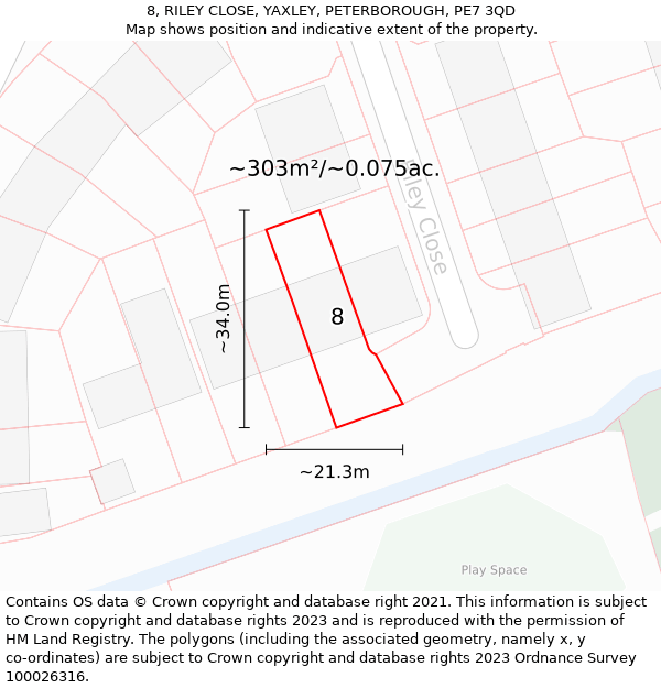 8, RILEY CLOSE, YAXLEY, PETERBOROUGH, PE7 3QD: Plot and title map