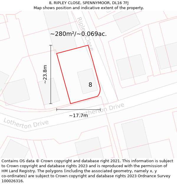 8, RIPLEY CLOSE, SPENNYMOOR, DL16 7FJ: Plot and title map