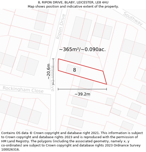 8, RIPON DRIVE, BLABY, LEICESTER, LE8 4AU: Plot and title map