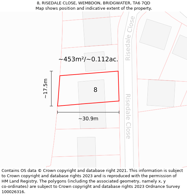 8, RISEDALE CLOSE, WEMBDON, BRIDGWATER, TA6 7QD: Plot and title map