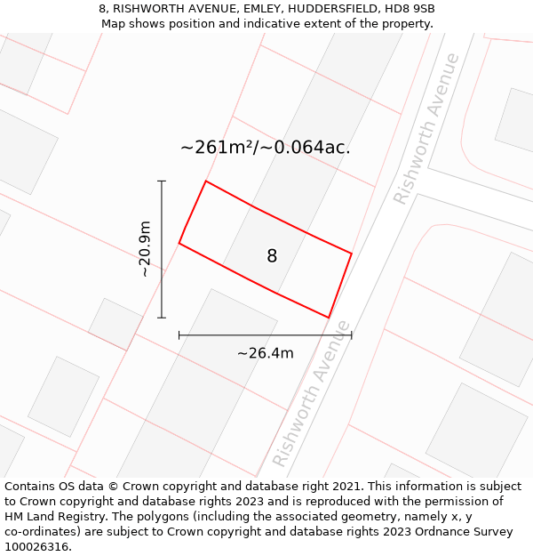 8, RISHWORTH AVENUE, EMLEY, HUDDERSFIELD, HD8 9SB: Plot and title map