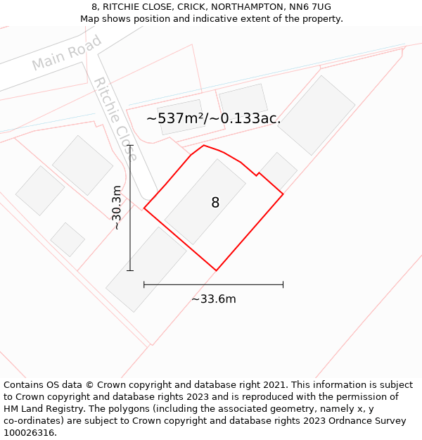 8, RITCHIE CLOSE, CRICK, NORTHAMPTON, NN6 7UG: Plot and title map