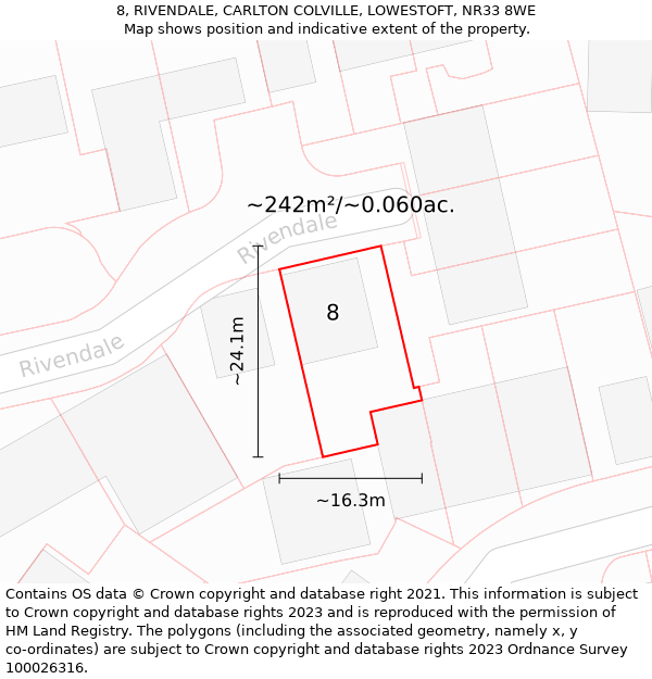 8, RIVENDALE, CARLTON COLVILLE, LOWESTOFT, NR33 8WE: Plot and title map