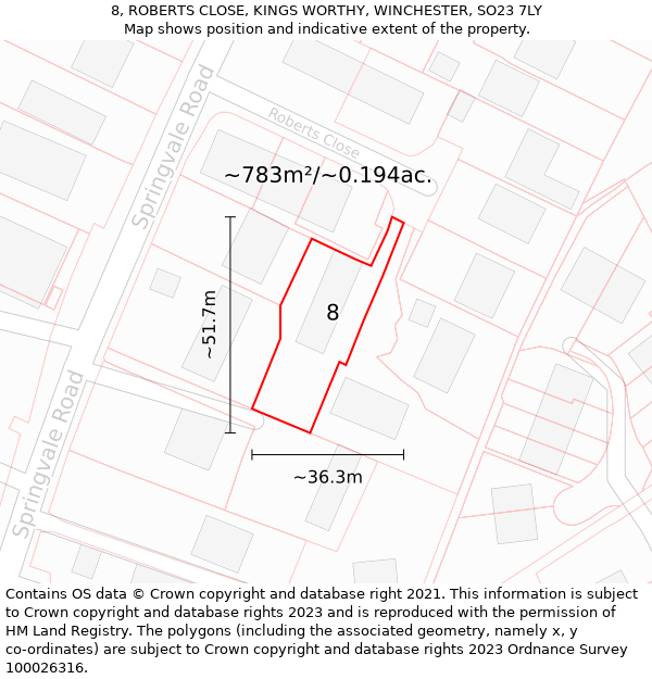 8, ROBERTS CLOSE, KINGS WORTHY, WINCHESTER, SO23 7LY: Plot and title map