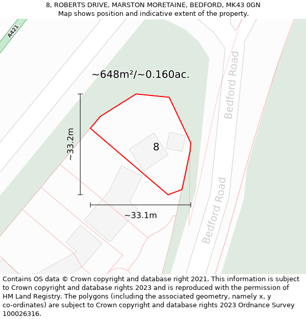 8, ROBERTS DRIVE, MARSTON MORETAINE, BEDFORD, MK43 0GN: Plot and title map