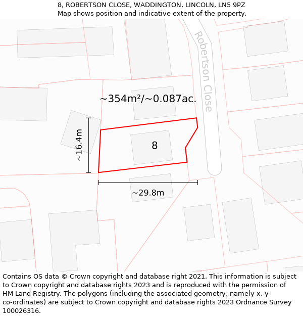 8, ROBERTSON CLOSE, WADDINGTON, LINCOLN, LN5 9PZ: Plot and title map