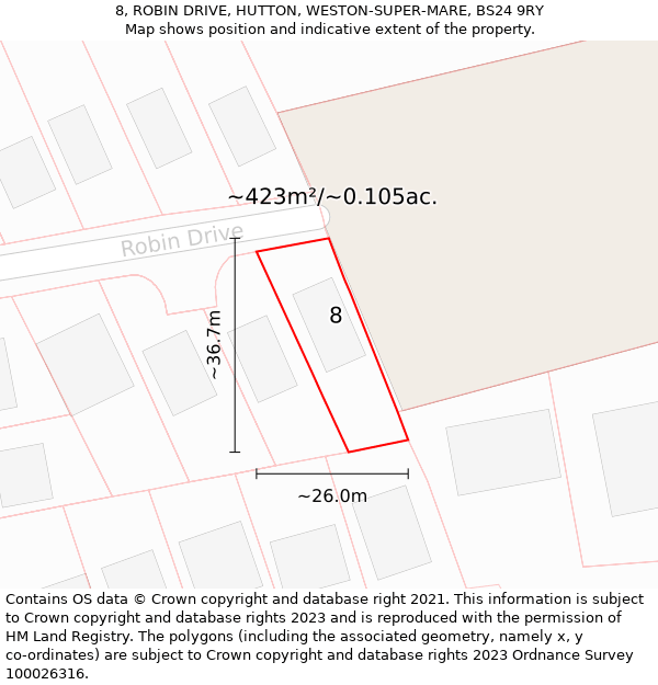 8, ROBIN DRIVE, HUTTON, WESTON-SUPER-MARE, BS24 9RY: Plot and title map