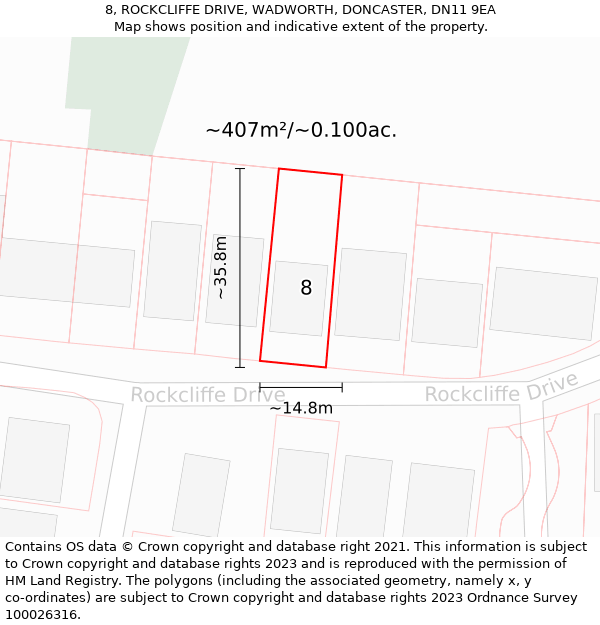 8, ROCKCLIFFE DRIVE, WADWORTH, DONCASTER, DN11 9EA: Plot and title map