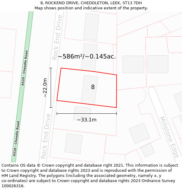 8, ROCKEND DRIVE, CHEDDLETON, LEEK, ST13 7DH: Plot and title map