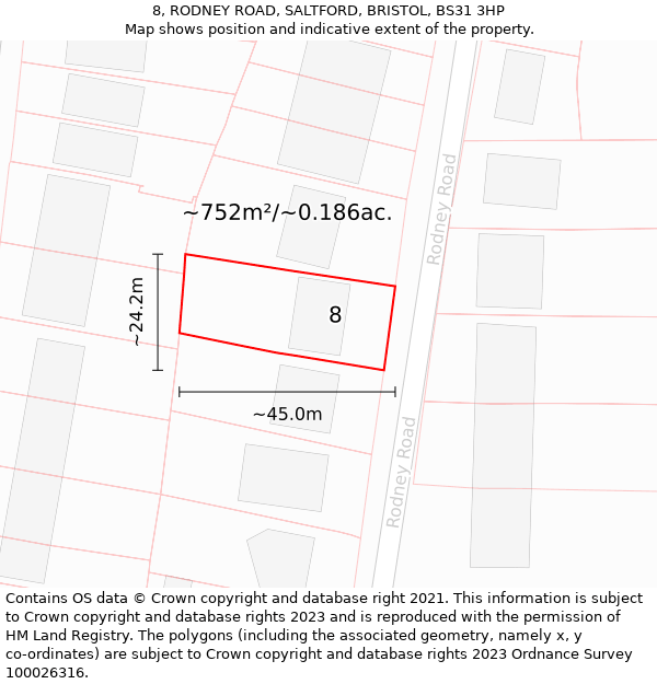 8, RODNEY ROAD, SALTFORD, BRISTOL, BS31 3HP: Plot and title map