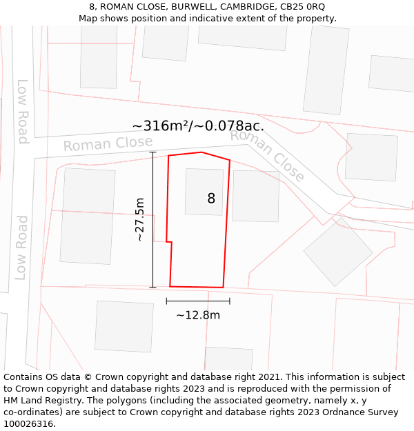 8, ROMAN CLOSE, BURWELL, CAMBRIDGE, CB25 0RQ: Plot and title map