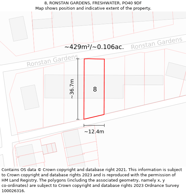 8, RONSTAN GARDENS, FRESHWATER, PO40 9DF: Plot and title map