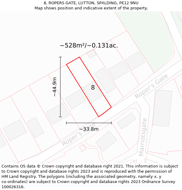 8, ROPERS GATE, LUTTON, SPALDING, PE12 9NU: Plot and title map