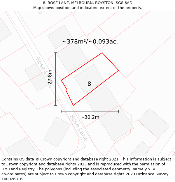 8, ROSE LANE, MELBOURN, ROYSTON, SG8 6AD: Plot and title map