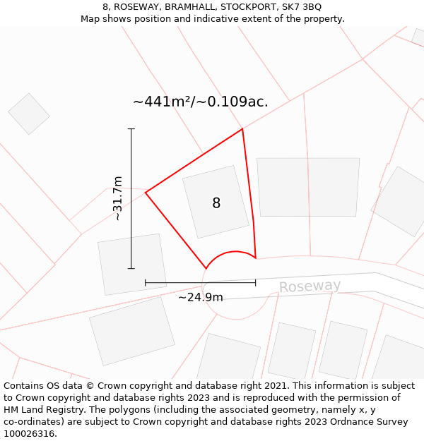 8, ROSEWAY, BRAMHALL, STOCKPORT, SK7 3BQ: Plot and title map