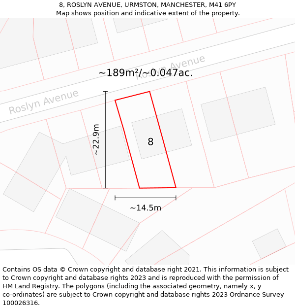 8, ROSLYN AVENUE, URMSTON, MANCHESTER, M41 6PY: Plot and title map