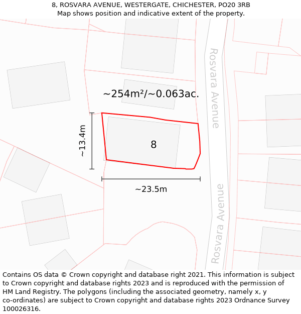 8, ROSVARA AVENUE, WESTERGATE, CHICHESTER, PO20 3RB: Plot and title map