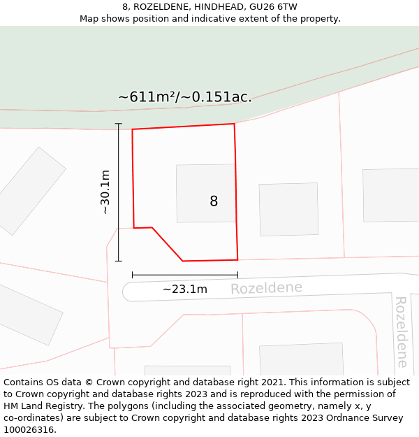 8, ROZELDENE, HINDHEAD, GU26 6TW: Plot and title map