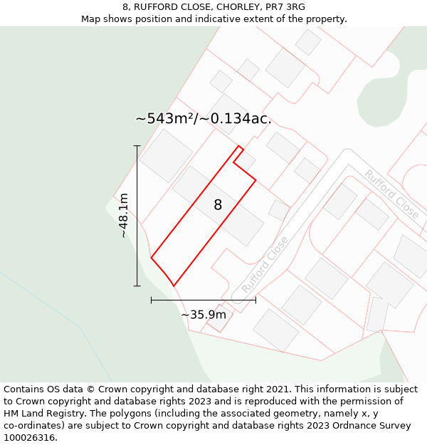 8, RUFFORD CLOSE, CHORLEY, PR7 3RG: Plot and title map