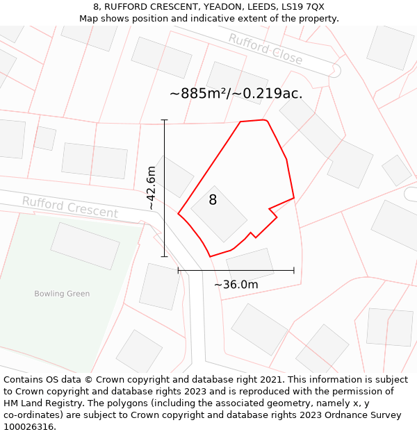 8, RUFFORD CRESCENT, YEADON, LEEDS, LS19 7QX: Plot and title map