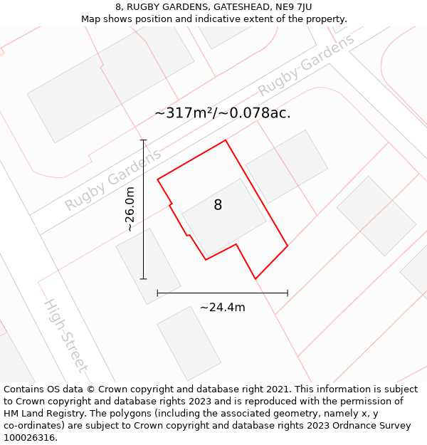 8, RUGBY GARDENS, GATESHEAD, NE9 7JU: Plot and title map