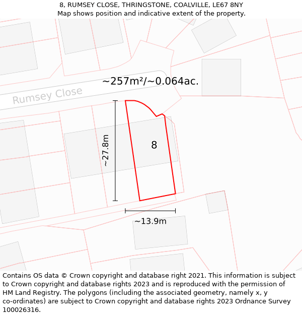 8, RUMSEY CLOSE, THRINGSTONE, COALVILLE, LE67 8NY: Plot and title map