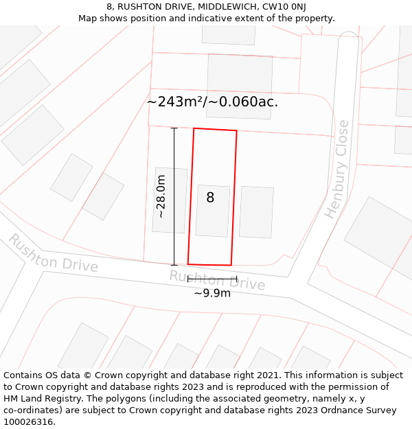 8, RUSHTON DRIVE, MIDDLEWICH, CW10 0NJ: Plot and title map