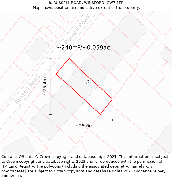 8, RUSSELL ROAD, WINSFORD, CW7 1EP: Plot and title map