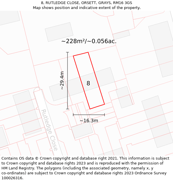 8, RUTLEDGE CLOSE, ORSETT, GRAYS, RM16 3GS: Plot and title map