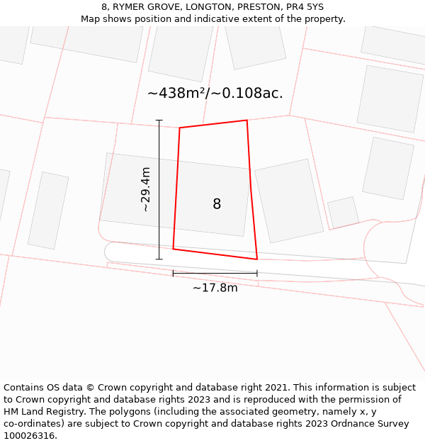 8, RYMER GROVE, LONGTON, PRESTON, PR4 5YS: Plot and title map