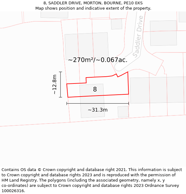 8, SADDLER DRIVE, MORTON, BOURNE, PE10 0XS: Plot and title map