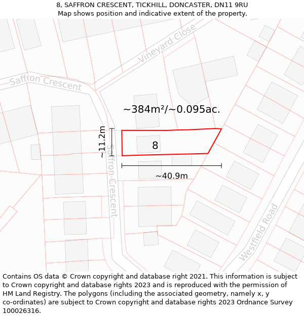 8, SAFFRON CRESCENT, TICKHILL, DONCASTER, DN11 9RU: Plot and title map